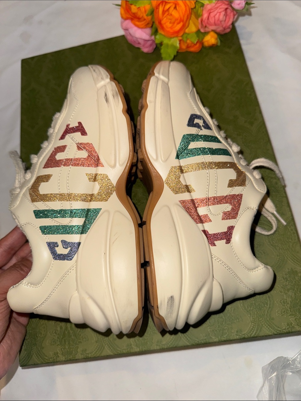 Authentic Gucci Cream Leather Chunky Sneaker with Multicolor Logo - Picture 8 of 16